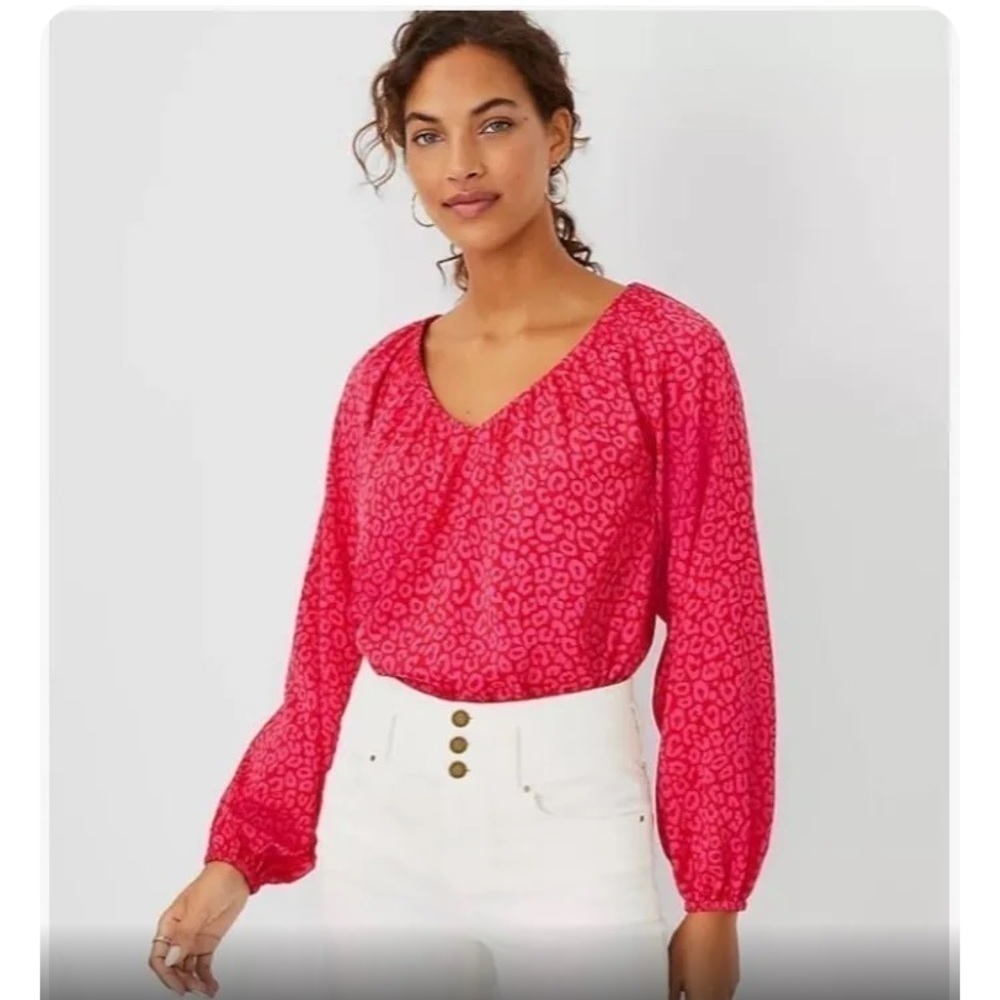 Ann Taylor SMALL leopard Print Blouse Pink Red V Neck Long Sleeve date ballet